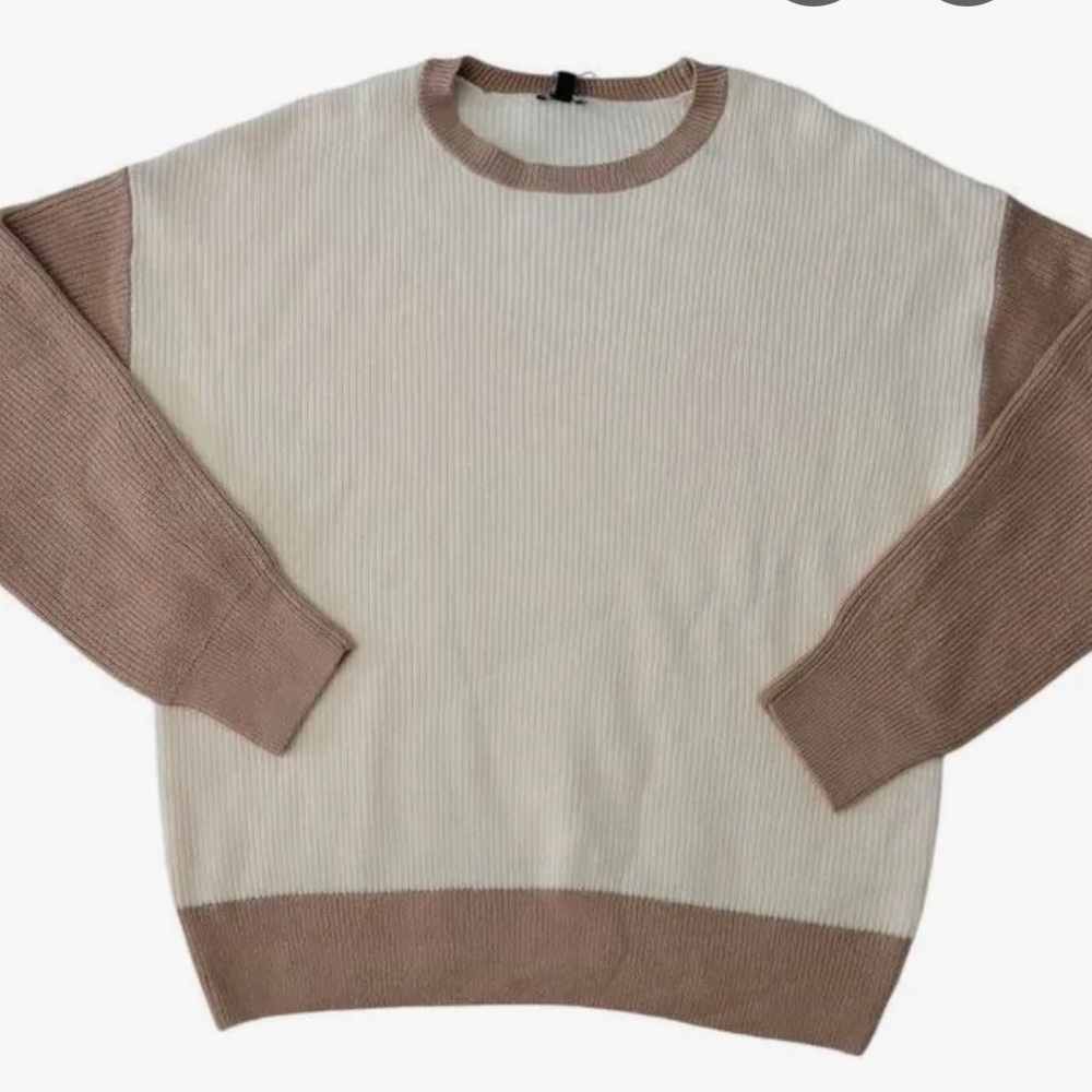Express Cream and Brown Crew Neck Sweater